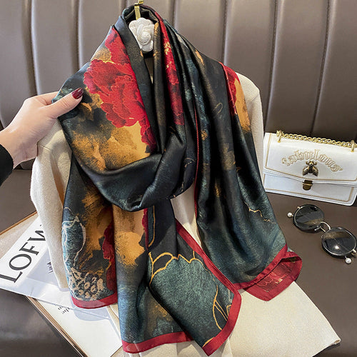 Lightweight Silk Scarf with Floral Pattern - Sun Protection