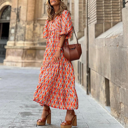 Vintage Boho Floral Maxi Dress - Casual V Neck Short Sleeve Long Dress