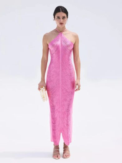 Glamorous Evening Dress with Fringe and Daring Slit to Dazzle at Every Occasion