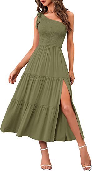 One Shoulder Asymmetrical Pleated Maxi Dress - Split Hem Evening Collection