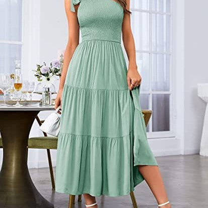 One Shoulder Asymmetrical Pleated Maxi Dress - Split Hem Evening Collection