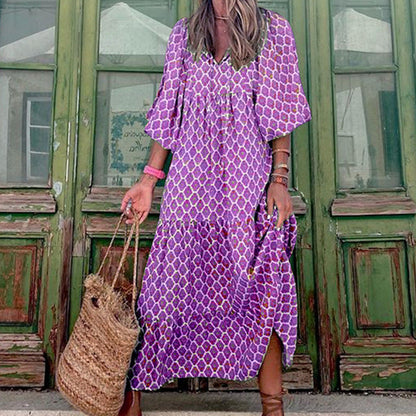 Vintage Boho Floral Maxi Dress - Casual V Neck Short Sleeve Long Dress