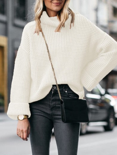Women's Knitted Sweater with Stand Collar and Flared Sleeves - Autumn Elegance
