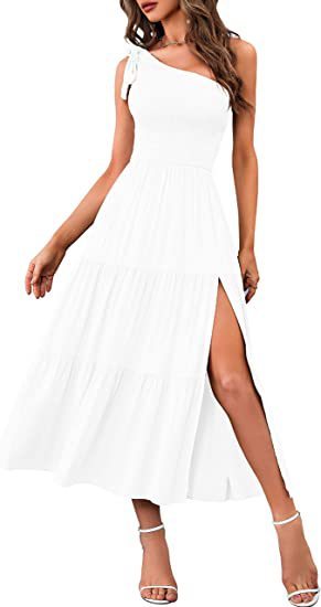 One Shoulder Asymmetrical Pleated Maxi Dress - Split Hem Evening Collection