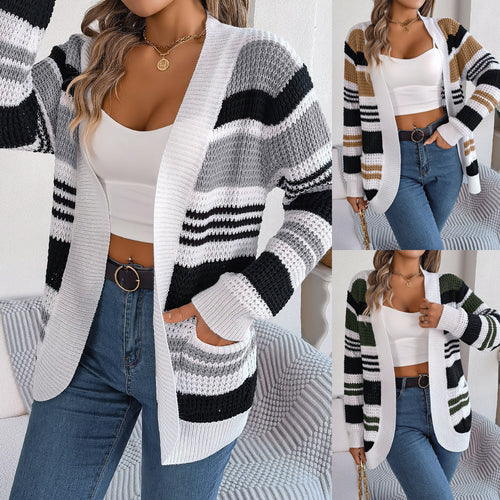 AvoirLaMode™ - Striped Cardigan with Pockets, Fall-Winter Fashion