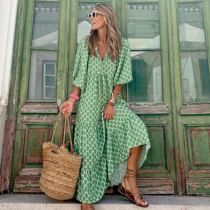 Vintage Boho Floral Maxi Dress - Casual V Neck Short Sleeve Long Dress