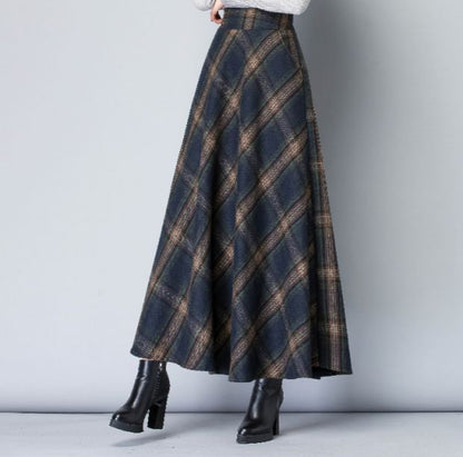Vintage Plaid Wool A-Line Midi Skirt