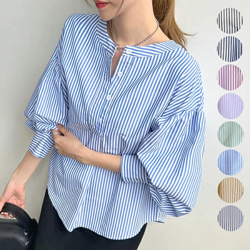 Striped Lantern Sleeve Blouse - Contemporary Office Essential