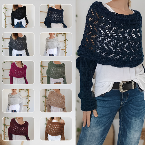 Knitted shawl with integrated sleeves