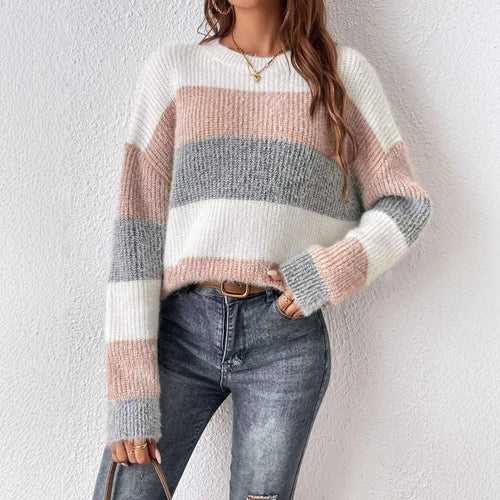 AvoirLaMode™ – Contrasting Color Striped Crew Neck Sweater