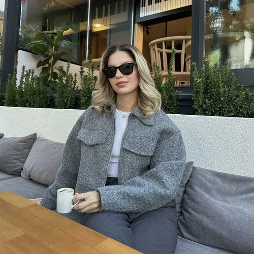 Short wool and leather jacket