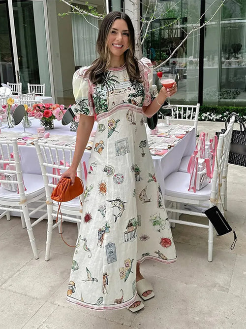 Dazzling Round Neck Printed Long Dress - Summer Collection 2024