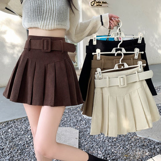 Pleated Corduroy A-Line Mini Skirt