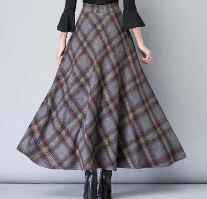 Vintage Plaid Wool A-Line Midi Skirt