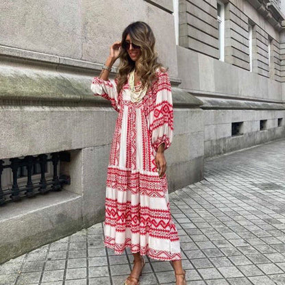 Vintage Boho Floral Maxi Dress - Casual V Neck Short Sleeve Long Dress