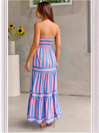 Striped Square Neck Long Dress - Backless Summer Beach Dress with Pockets