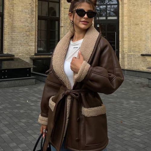 SELENA | Elegant Long Leather and Fur Coat